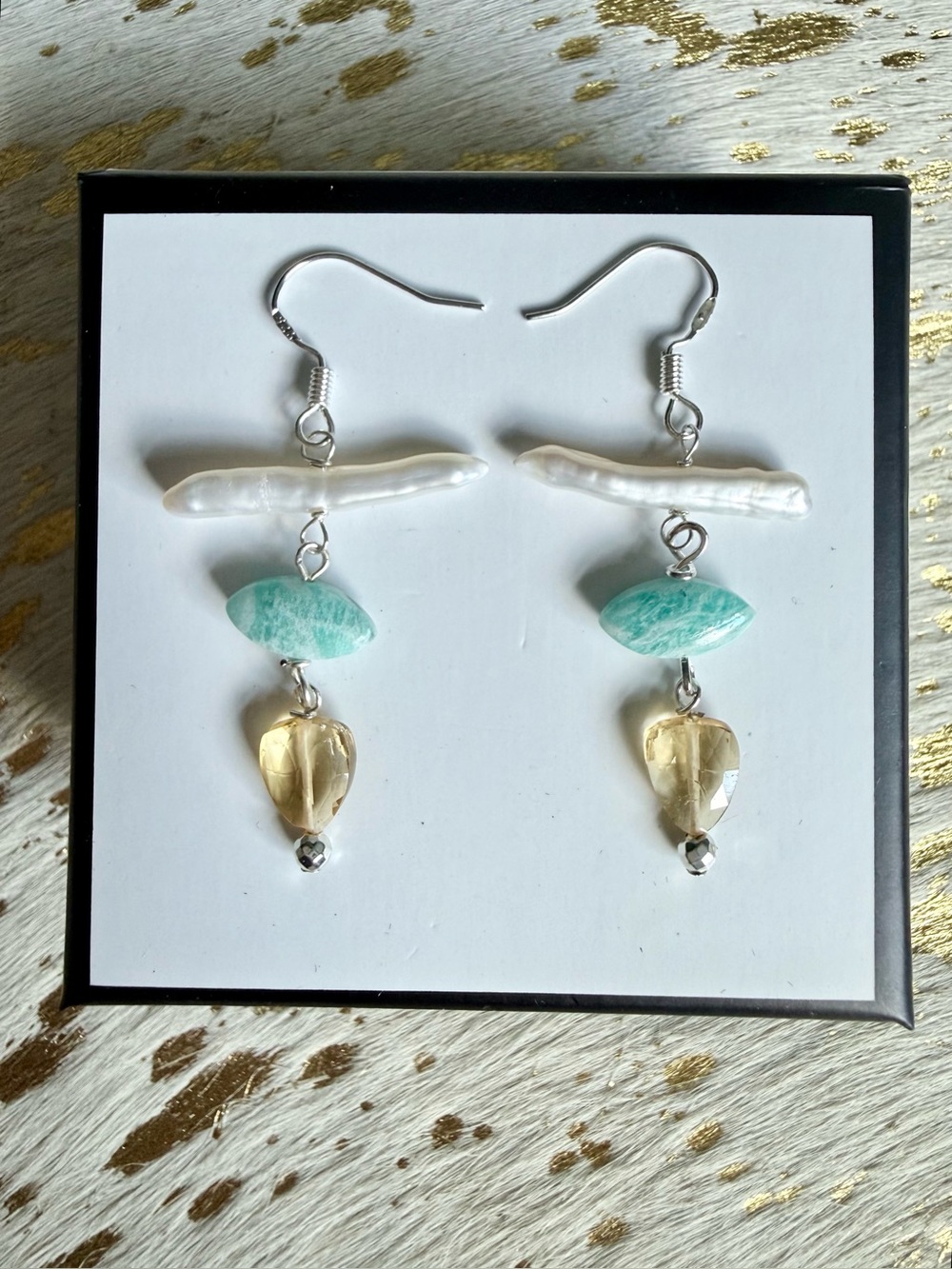 Coastal Boutique Citrine, Pearl and Amazonite Sterling Silver Boho Earrings